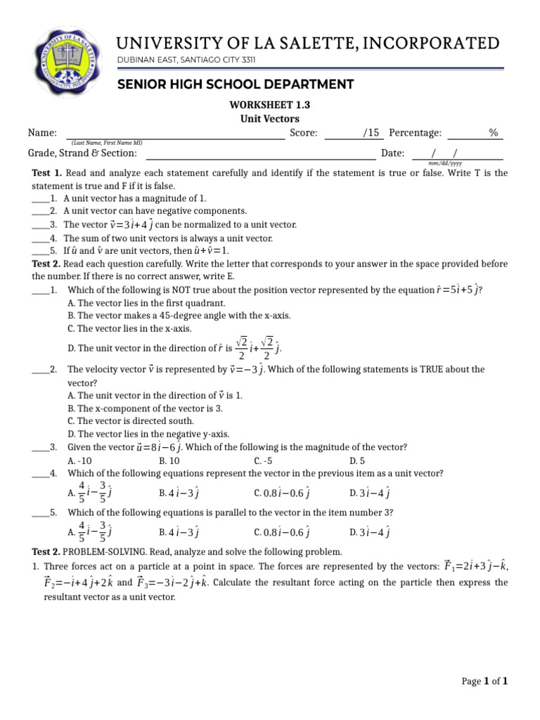 Unit Vectors Worksheet and Problems | PDF | Euclidean Vector | Force