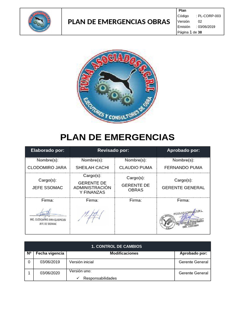 PL-CORP-003 Plan de Emergencias OBRAS | PDF | Primeros auxilios | Bombero