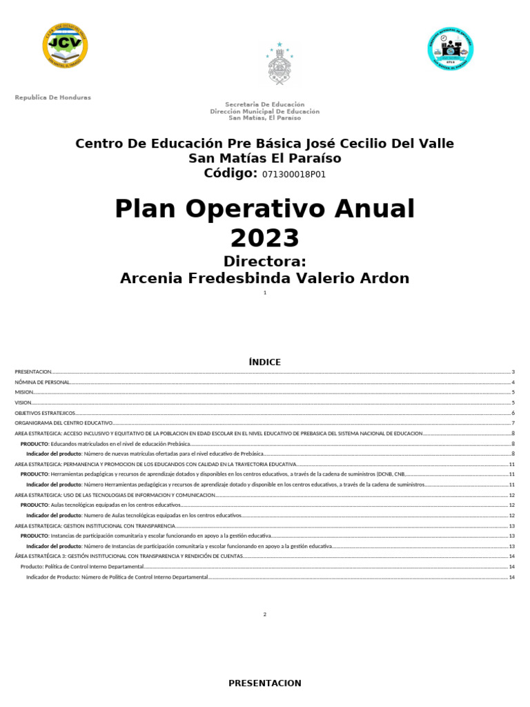 Plan Operativo Anual 2023 Educación Prebásica | PDF | Educación ...
