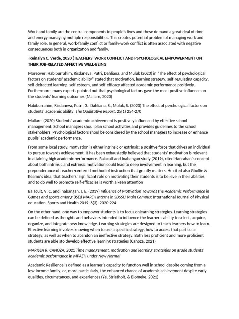 Work-Family Conflict and Academic Performance | PDF | Psychological ...