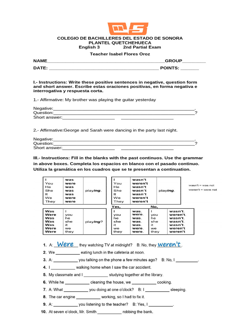 Examen 2do Parcial INGLES 3 Quetchehueca | PDF