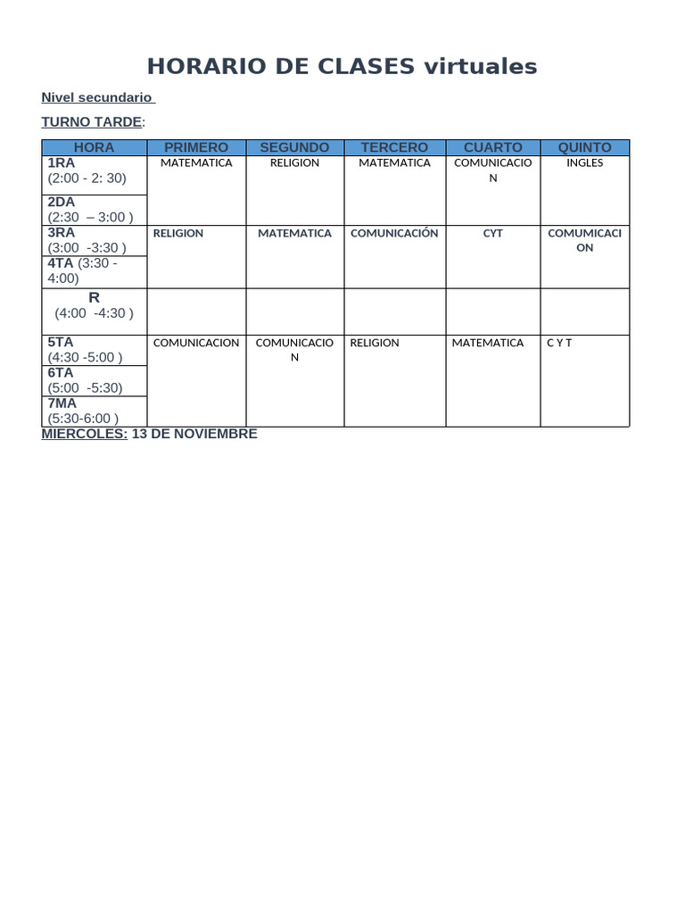 Horario de Clases 2024 Virtual Dia Miercoles Secundaria (Reparado) | PDF