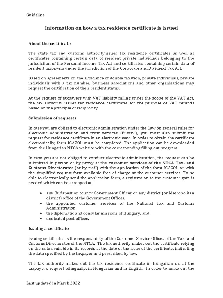 Tax Residence Certificate Guidelines | PDF | Taxes | Value Added Tax