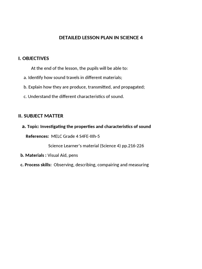 DETAILED LESSON PLAN IN SCIENCE .Jhe | PDF | Sound | Hearing