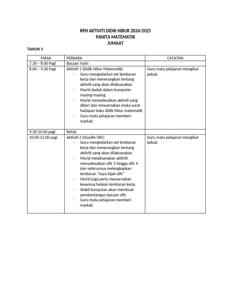 RPH MT Didik Hibur Tahun 3 | PDF