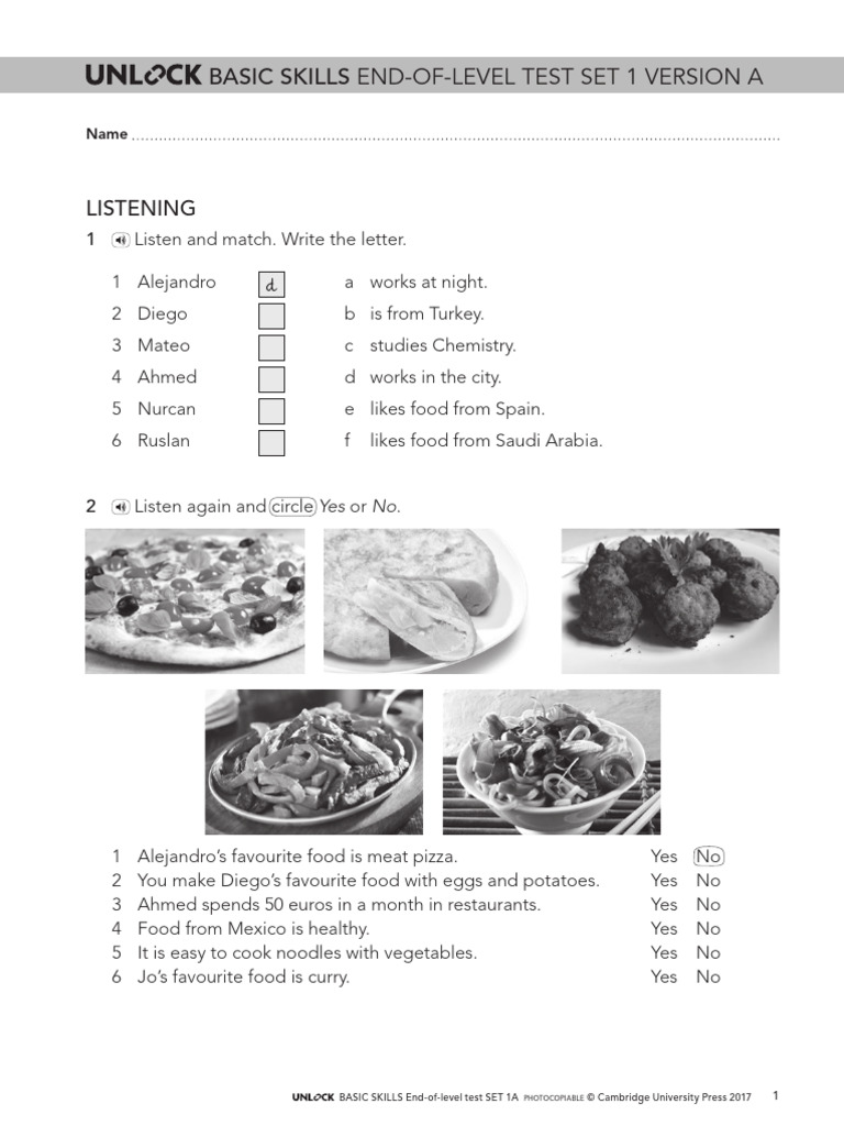 SET 1 Basic Skills End-Of-Level Version A | PDF | Foods | Cuisine