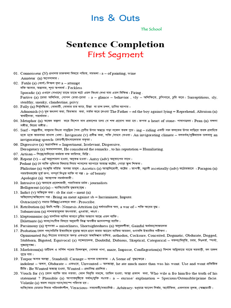 Sentence Completion (Vocabulary). | PDF