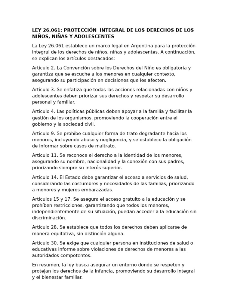 Ley 26.061: Protección Integral de Los Derechos de Los Niños, Niñas Y ...