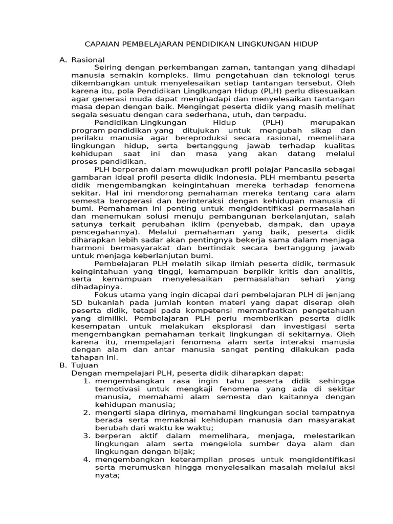 Capaian Pembelajaran PLH SD Kelas 1-6 | PDF