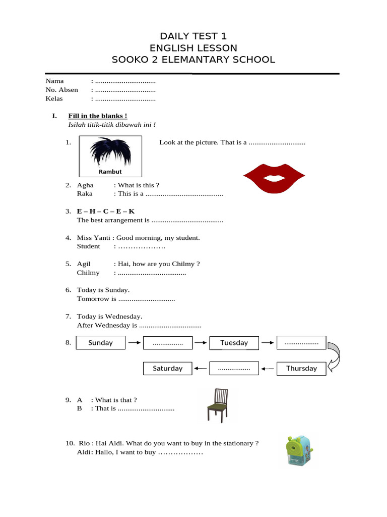 Daily English Test for Elementary Students | PDF