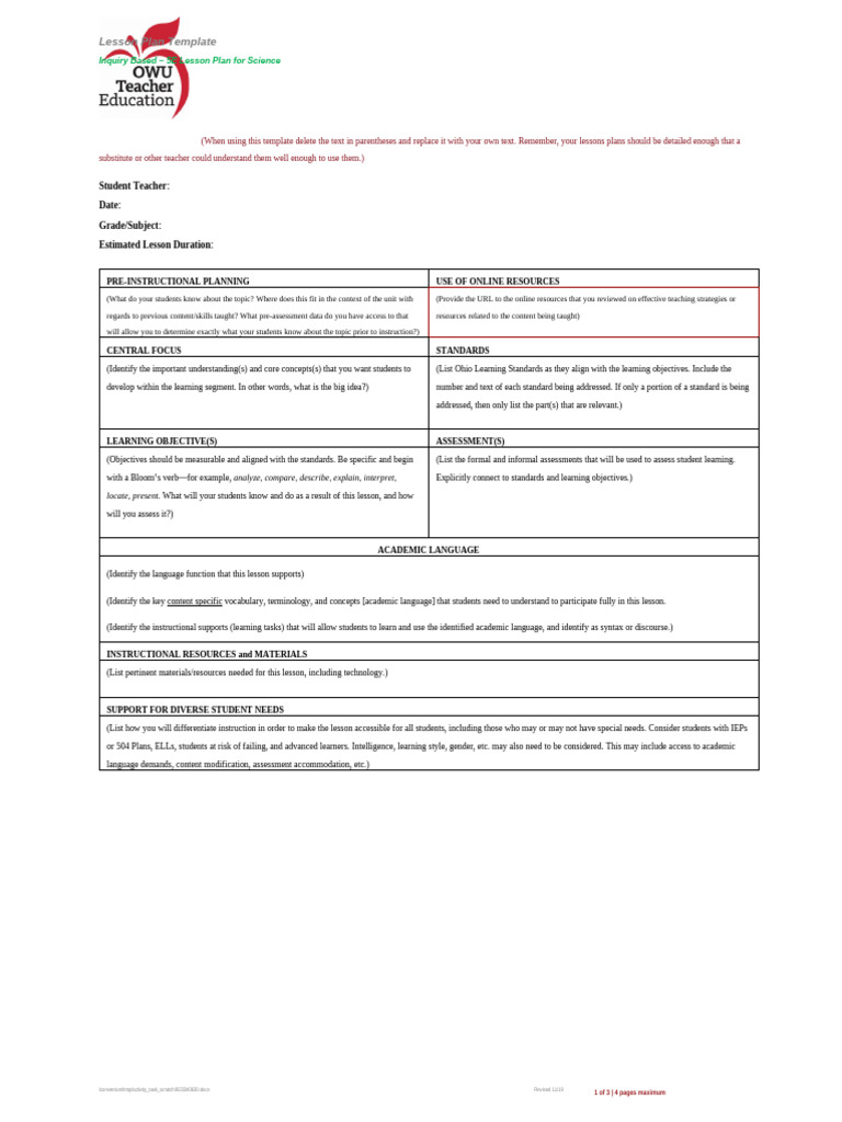 lesson-plan-template | PDF | Lesson Plan | Inquiry Based Learning