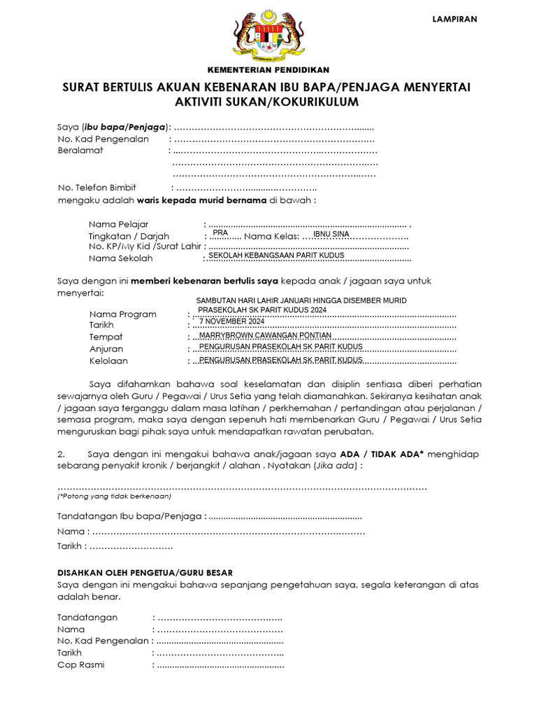 Surat Kebenaran Ibu Bapa KPM | PDF