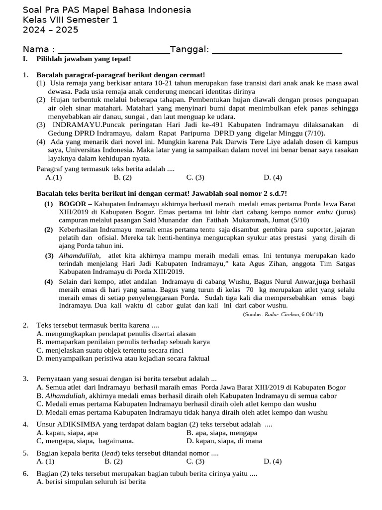 Soal Pra PAS Bahasa Indonesia Kelas VIII | PDF