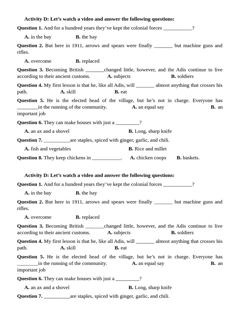 Activity D - 8 Questions | PDF