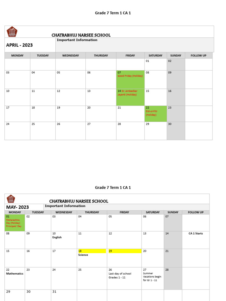 Grade 7 Term 1 CA 1 Schedule 2023 | PDF