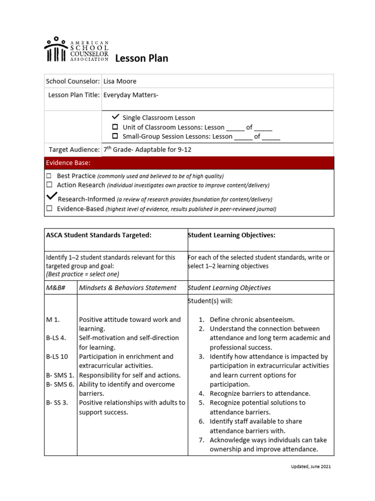 Ramp Individual Lesson Plan Mod 4 | PDF | School Counselor | Learning