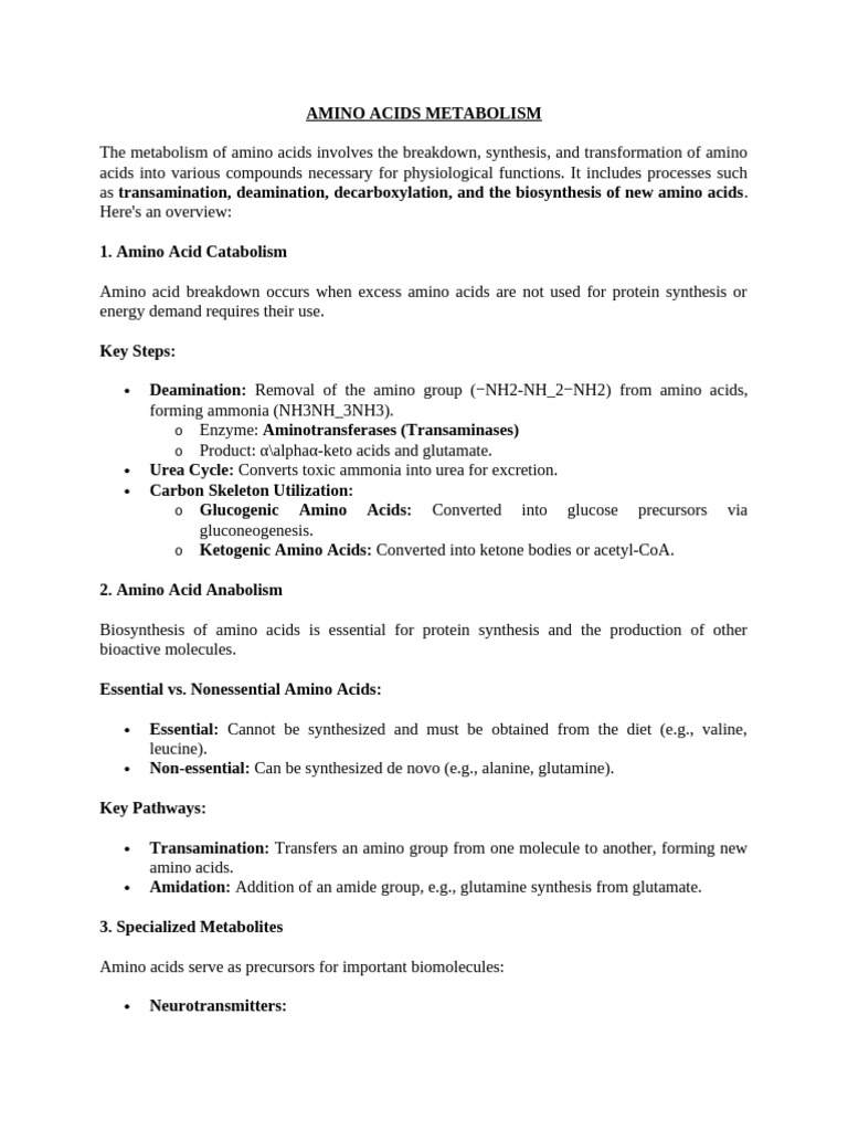 Amino Acids Metabolism Overview | PDF | Amino Acid | Metabolism