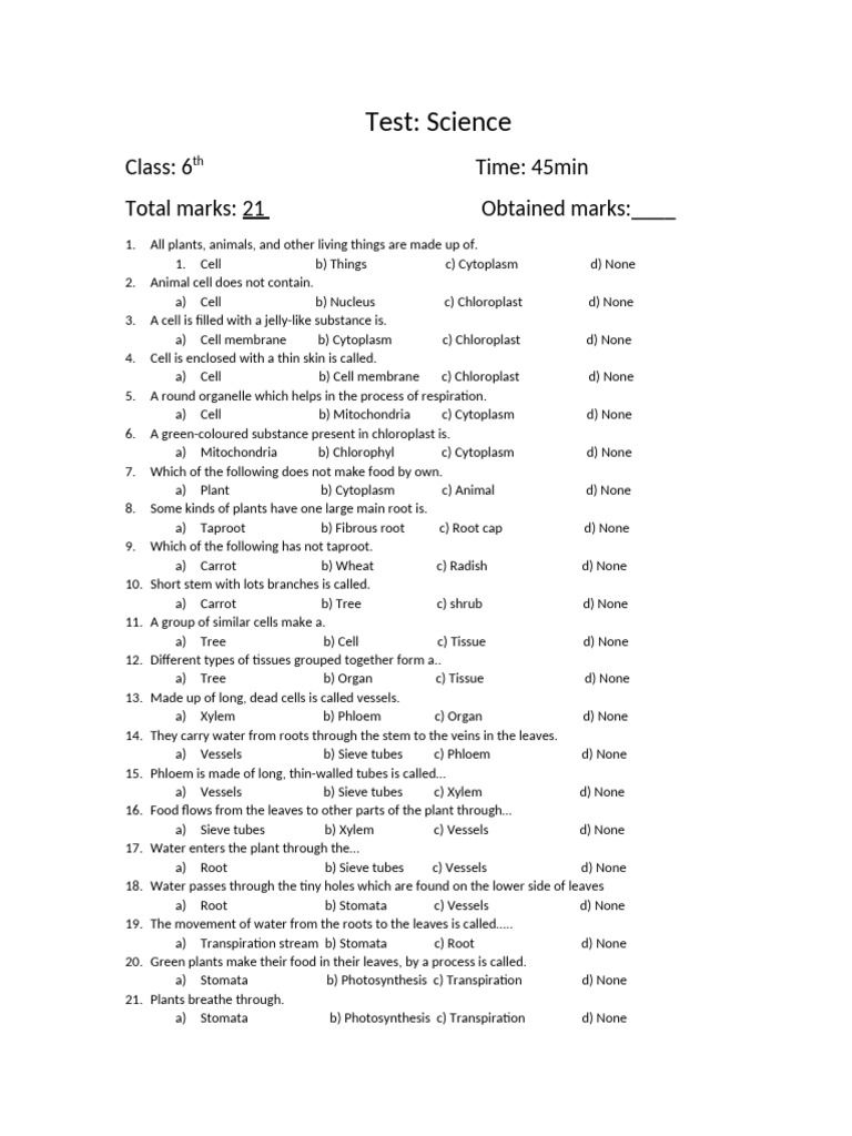 6th class science test | PDF | Cell (Biology) | Leaf