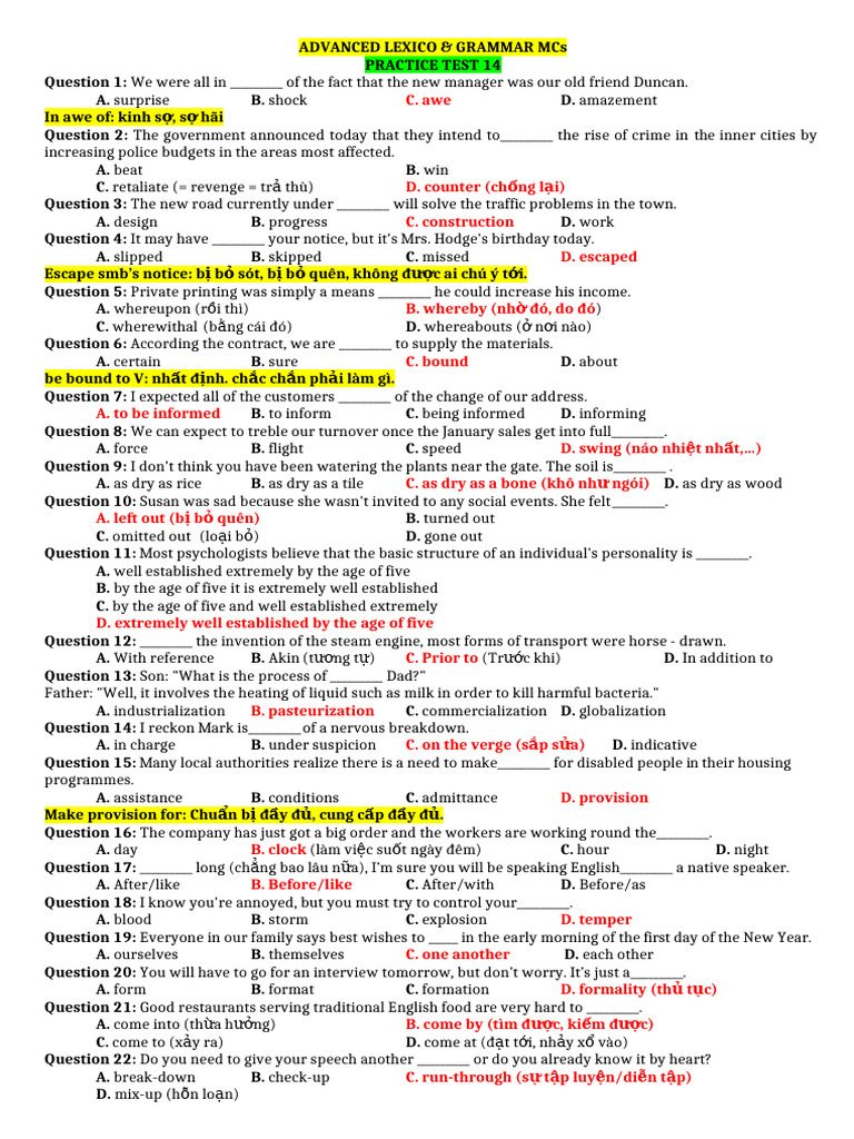 Advanced Lex Gram - Practice Test 14 Đã CH A | PDF