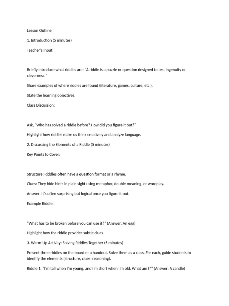 lesson plan , riddles , year 6 | PDF | Riddle | Cognitive Science
