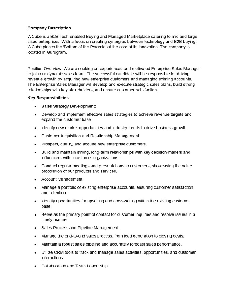 Enterprise Sales Manager Job at WCube | PDF | Customer Relationship ...