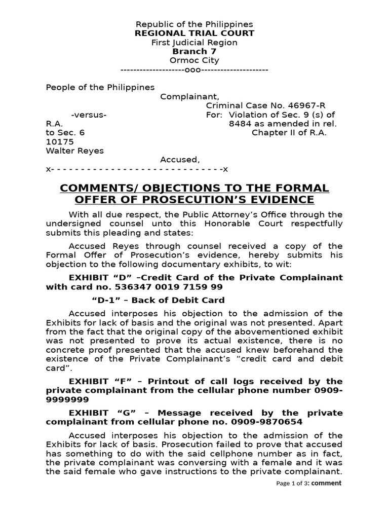 Objections to Prosecution Evidence in Case | PDF | Prosecutor | Public Law