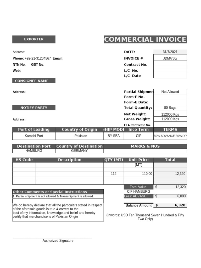 Export Commercial Invoice Template | PDF | Freight Transport