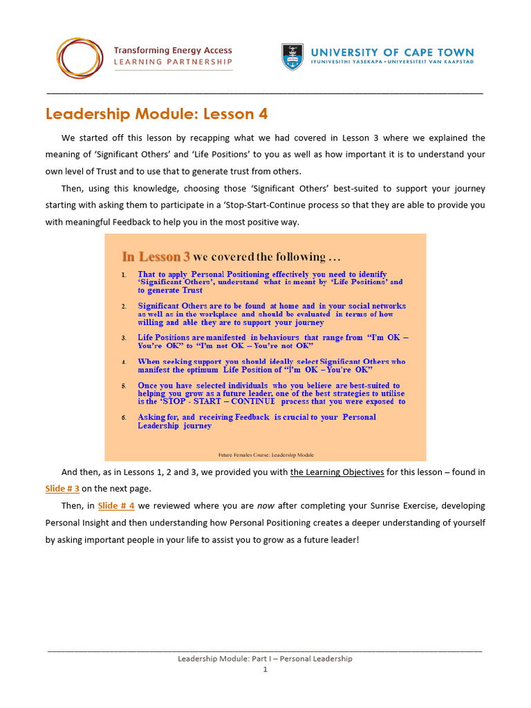 FF Leadership Module Lesson 4 Reading | PDF | Leadership | Human ...