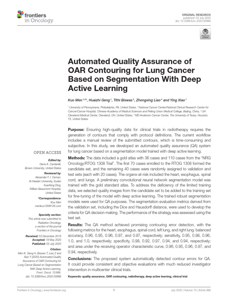 Automated Quality Assurance of Oar Contouring For Lung Cancer Source ...