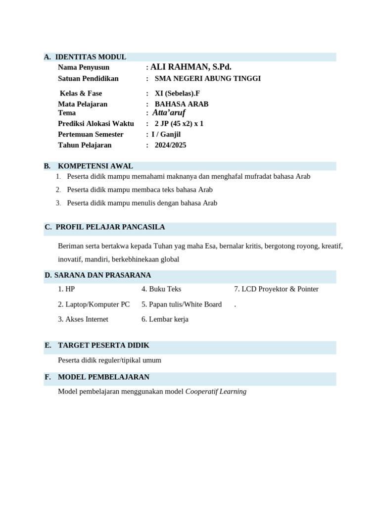 Contoh RPP Pembelajaran Bahasa Arab | PDF