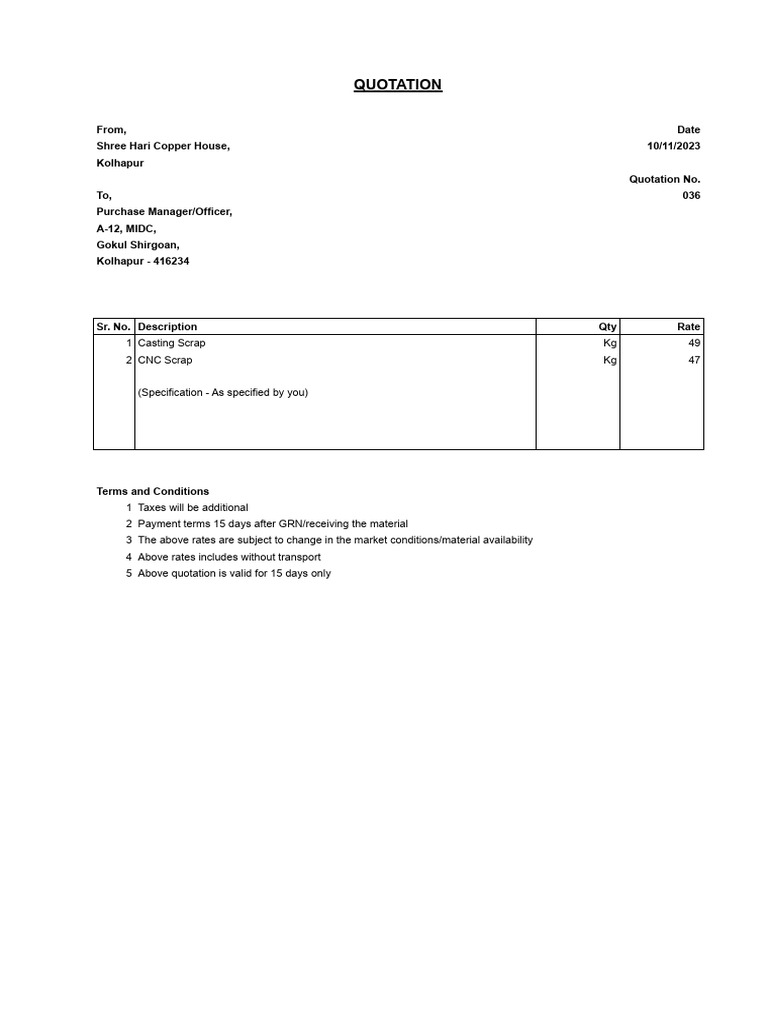 Copper Scrap Quotation Kolhapur | PDF