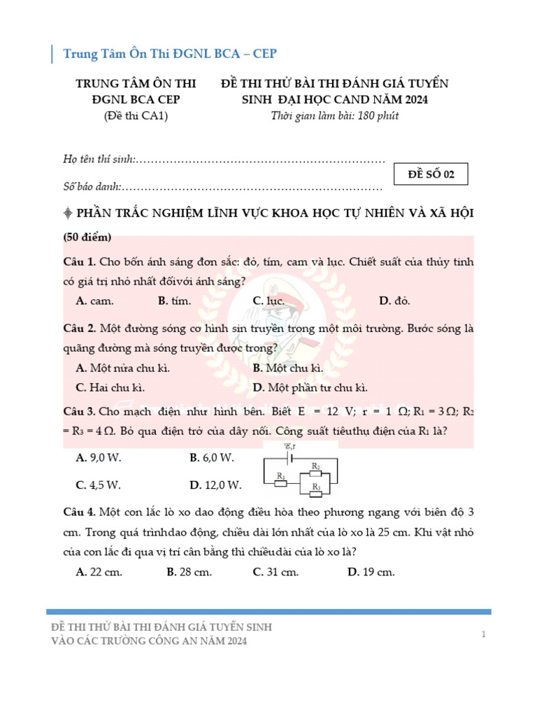 ĐỀ THI THỬ ĐGNL BCA SỐ 02 | PDF