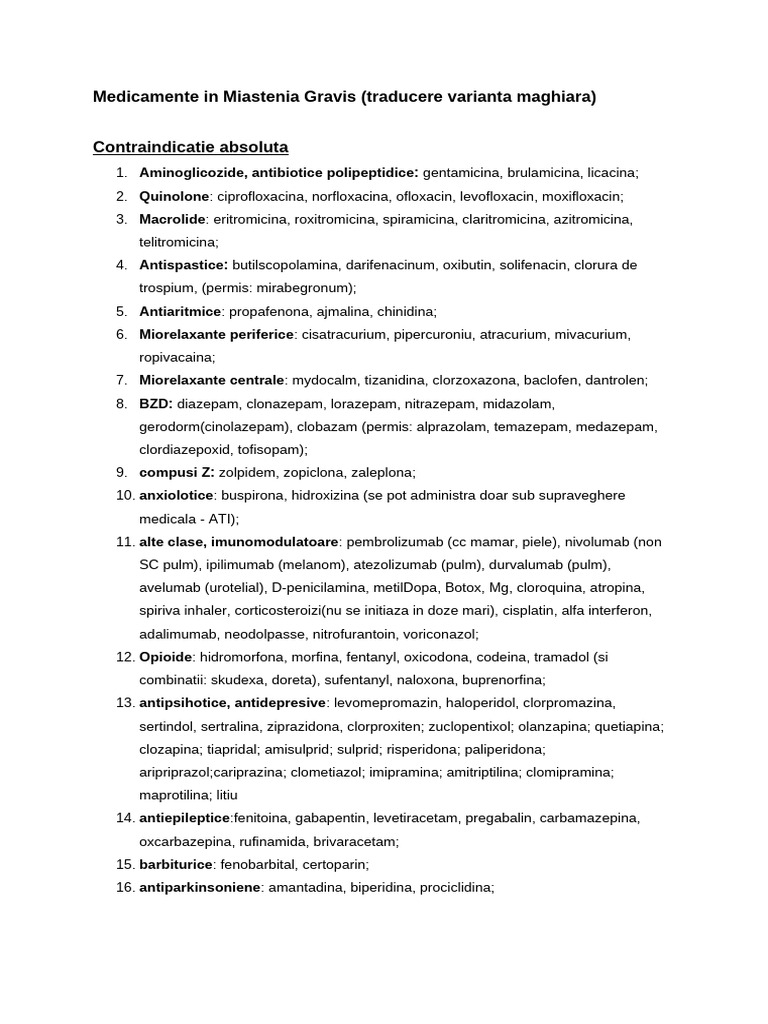Medicamente Contraindicate Miastenia Gravis | PDF | Drugs Acting On The ...