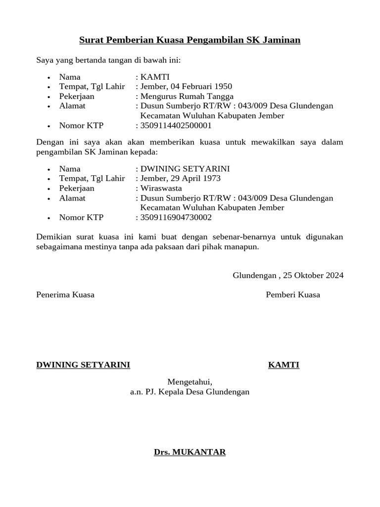 Contoh Surat Kuasa Pengambilan Sertifikat Tanah Di BPN Word | PDF