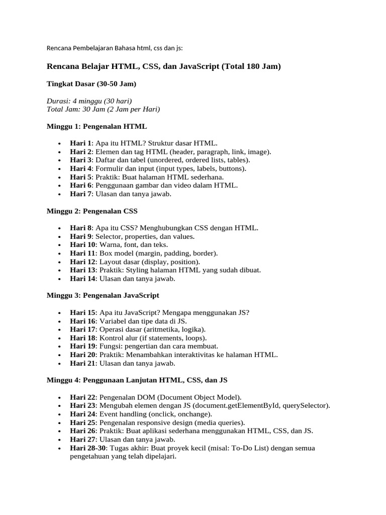 Rencana Pembelajaran bahasa html, css dan js | PDF