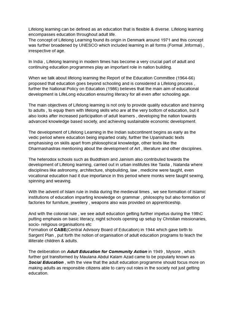 Lifelong Learning In India Pdf Literacy Adult Education