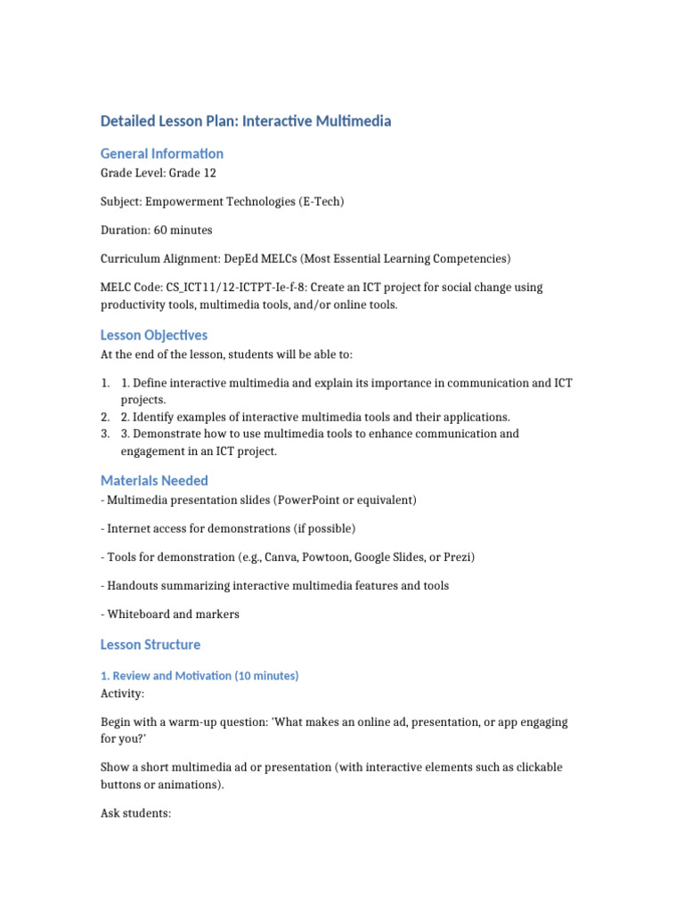 Interactive Multimedia Lesson Plan | PDF | Multimedia | Educational ...