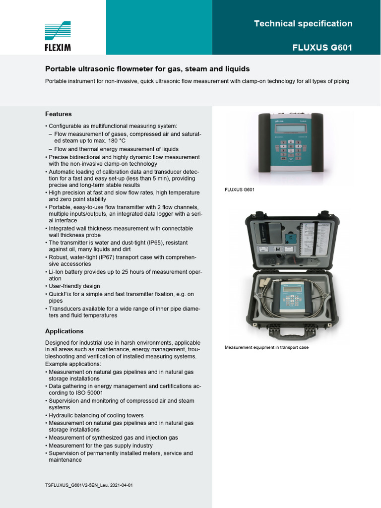 FLUXUS G601 Portable Flowmeter Specs | PDF | Flow Measurement | Ultrasound