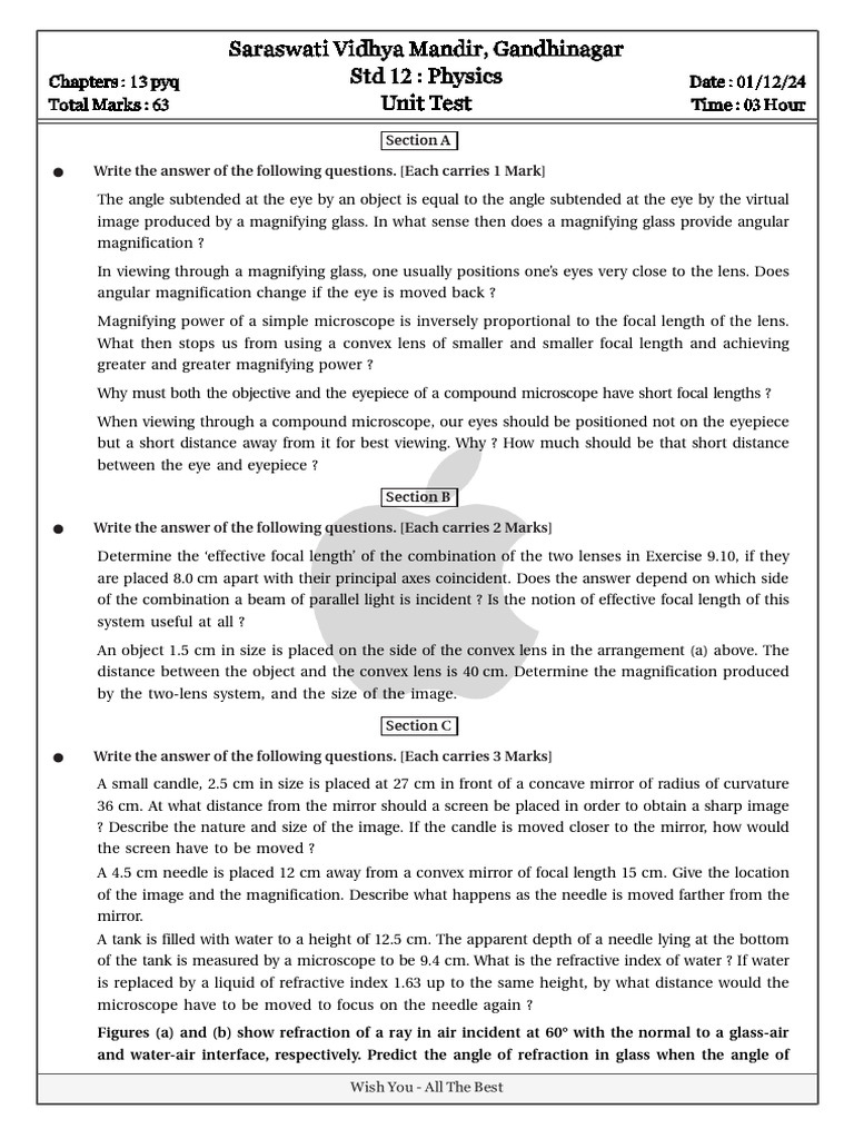 Unittest d01 dec 2024 pdf optics electromagnetic radiation