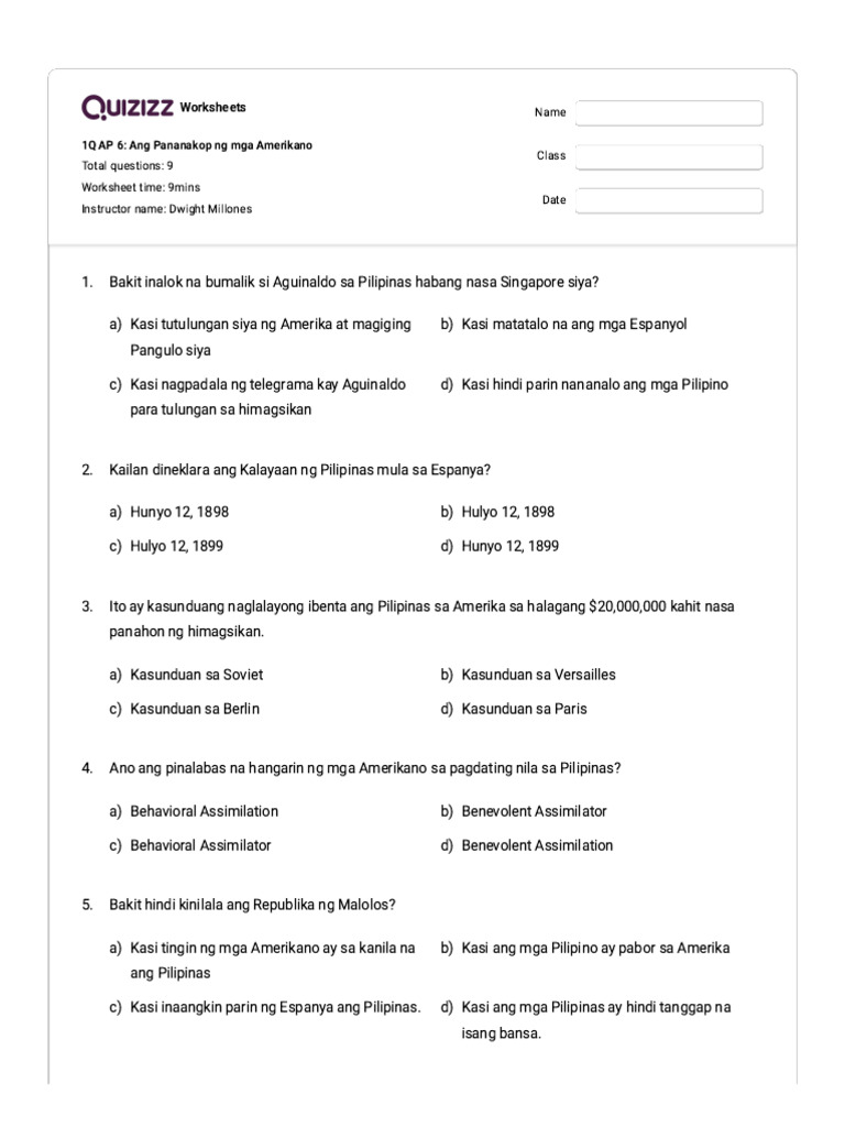 1Q AP 6 - Ang Pananakop NG Mga Amerikano - Quiz | PDF
