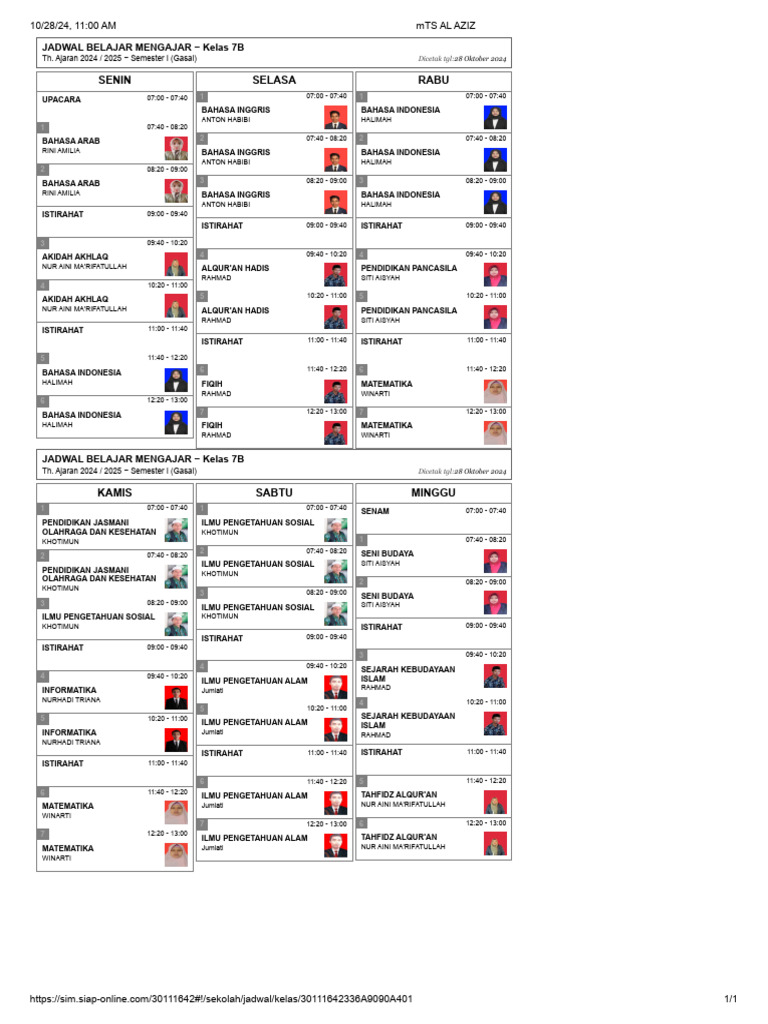 Jadwal Belajar Kelas 7B 2024/2025 | PDF