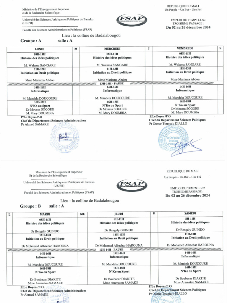 Emploi Du Temps L1S2 Troisième Passage PDF