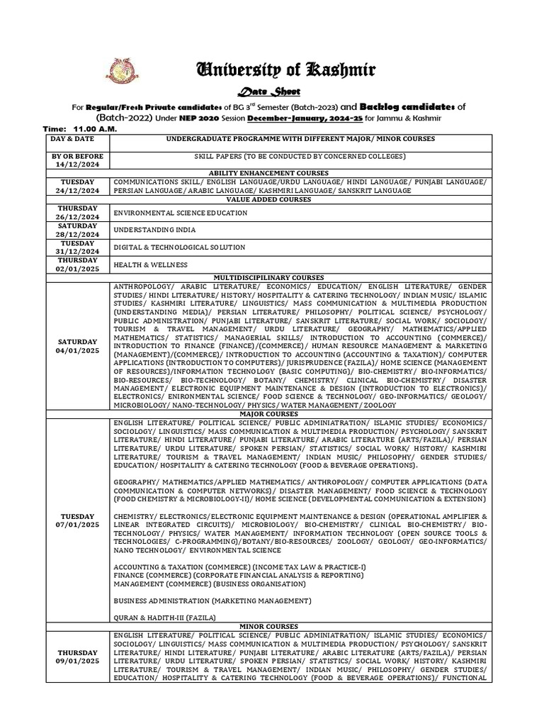 Kashmir University BG 3rd Sem Date Sheet | PDF | Science | Urdu