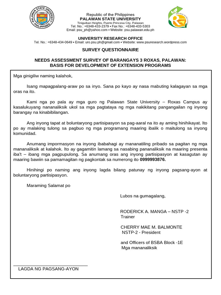 SURVEY QUESTIONNAIRE Needs Assessment Survey of Northern Barangay of ...