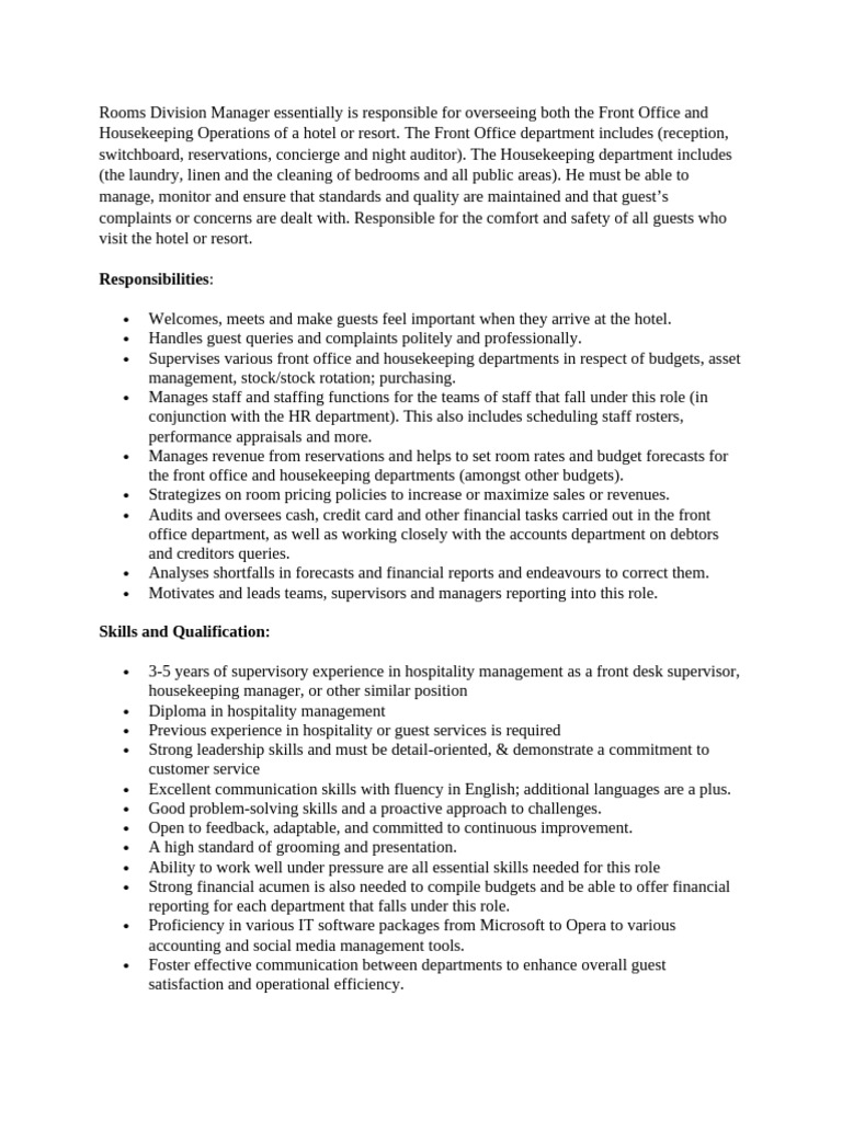Rooms Division Manager Essentially Is Responsible For Overseeing Both ...