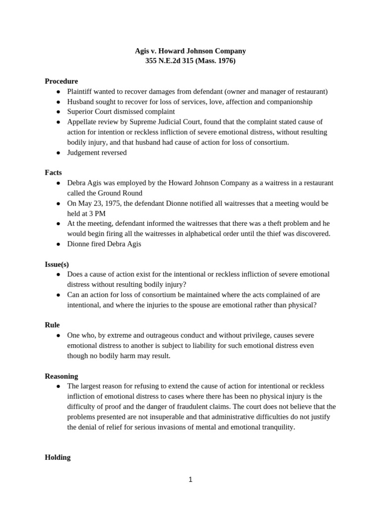 Agis v. Howard Johnson Company | PDF | Intentional Infliction Of ...