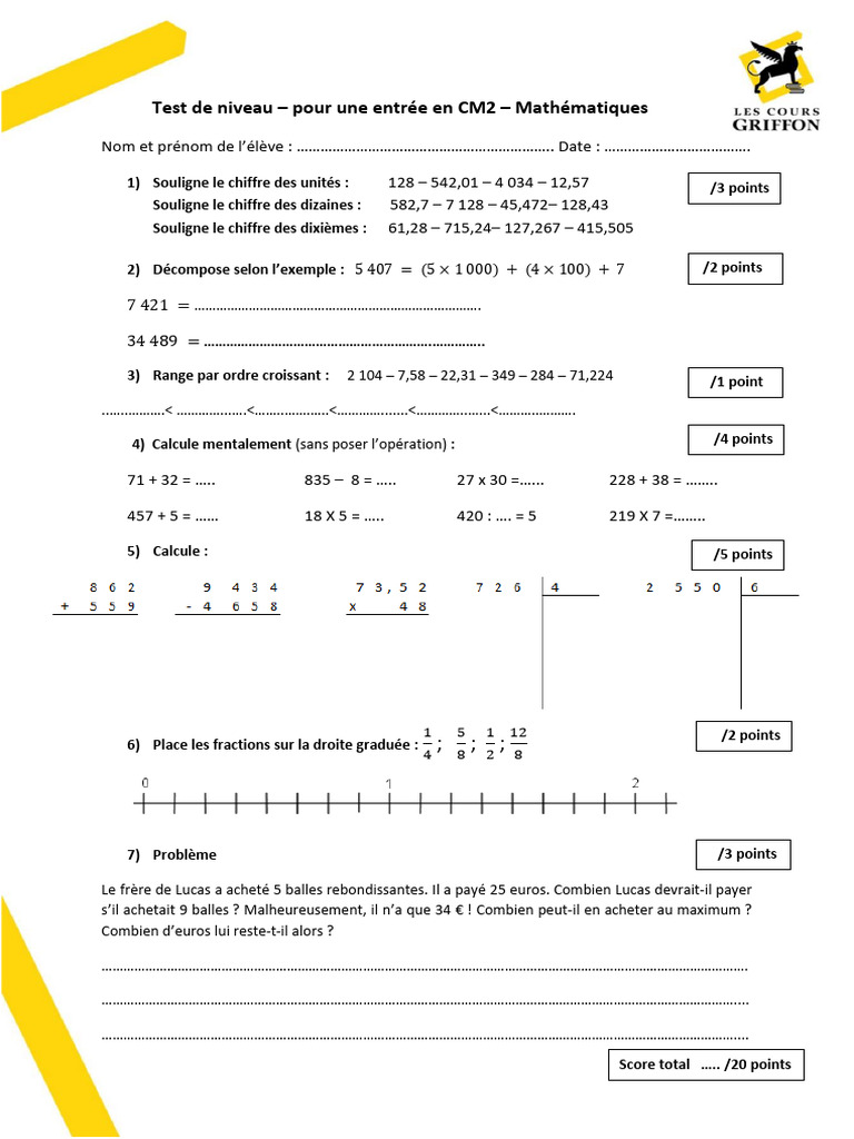 Test de niveau CM2 en Mathématiques | PDF