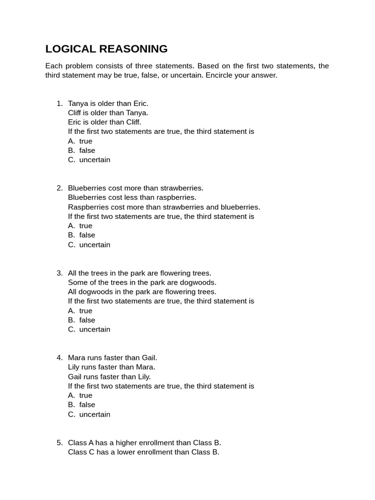 Logical Reasoning & Verbal Reasoning Questions | PDF | Logic | Epistemology
