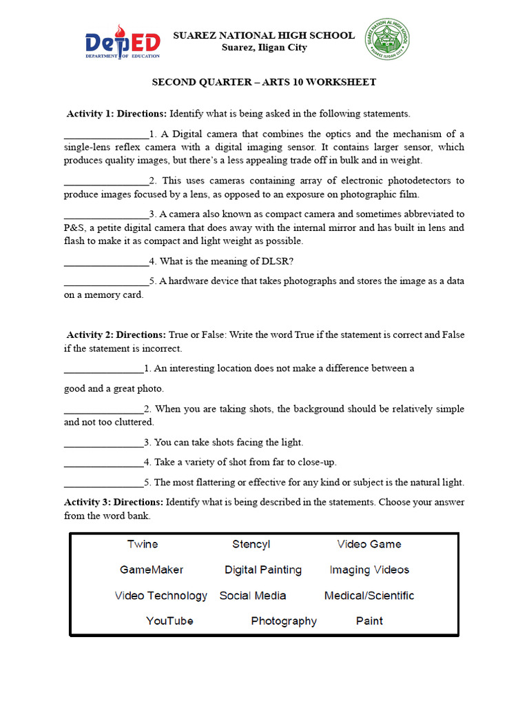 Arts 10 Digital Photography Worksheet | PDF | Camera | Digital Camera