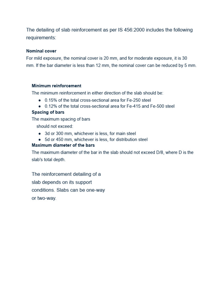 Slab Reinforcement Detailing per IS 456 | PDF